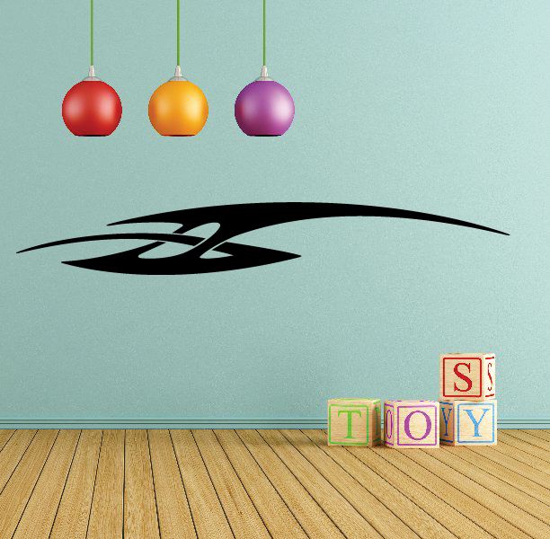 Black racing vehicle pinstripe vinyl decal with swooping flame-style graphic