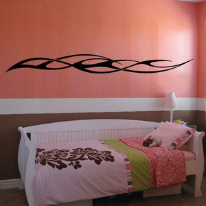 Racing vehicle pinstripe vinyl decal, black flame-style stripe design on wall