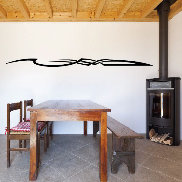 Black racing vehicle pinstripe vinyl wall decal with swoosh and emblem