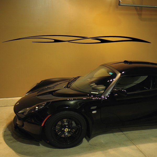 Black racing pinstripe vinyl decal with sweeping flame design for car hoods