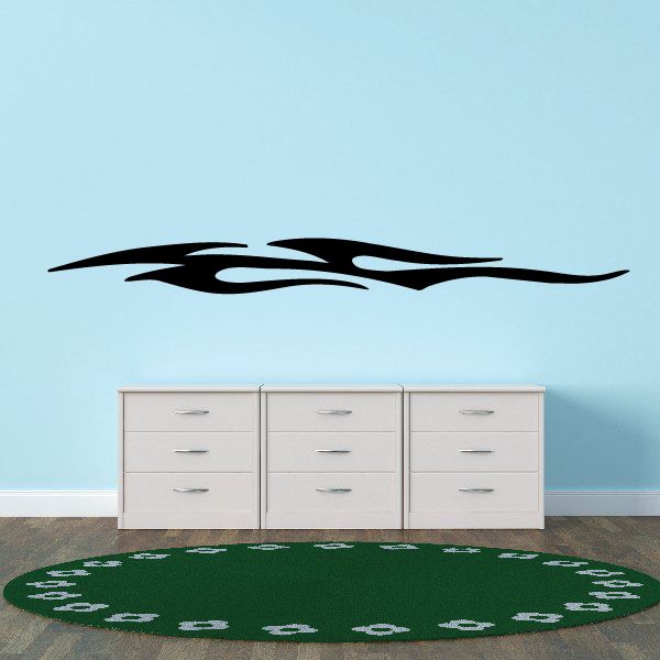Racing vehicle pinstripe vinyl decal with black flame stripe and light accents