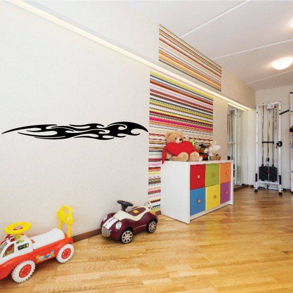 Black racing flame pinstripe vinyl wall decal with curving tribal stripes