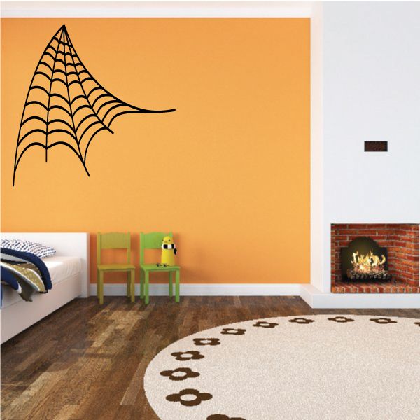 Black spiderweb vinyl wall decal with curved web lines and long tail
