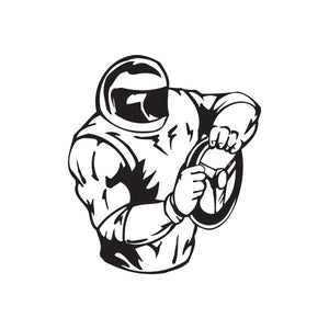 Racing wall decal of black helmeted driver holding a steering wheel