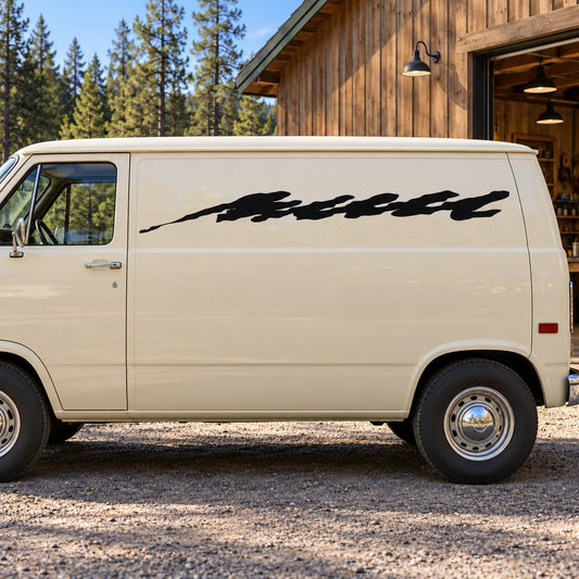 Racing vehicle pinstripe vinyl decal in black, displayed along the side of a van