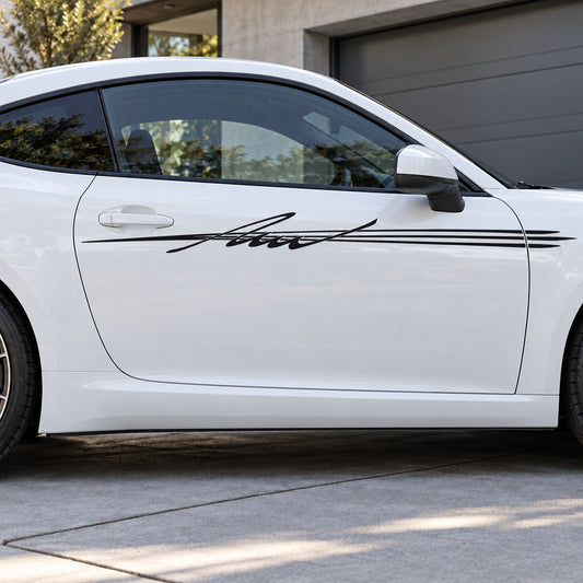 Racing vehicle pinstripe vinyl decal in black, applied along a white car door