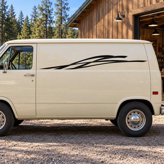 Racing vehicle pinstripe vinyl decal in black, applied to a van's side panel