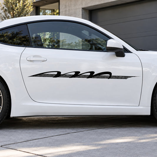 Black racing pinstripe vinyl decal with a long, looping design on a car door