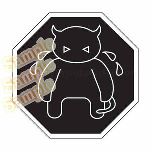 Hexagon decal with white outlined horned devil cat graphic on dark background
