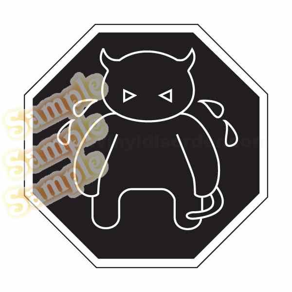 Hexagon decal with white outlined horned devil cat graphic on dark background