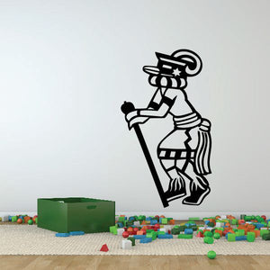 Rain dance decal of a standing dancer holding a staff, black line art with hat and boots