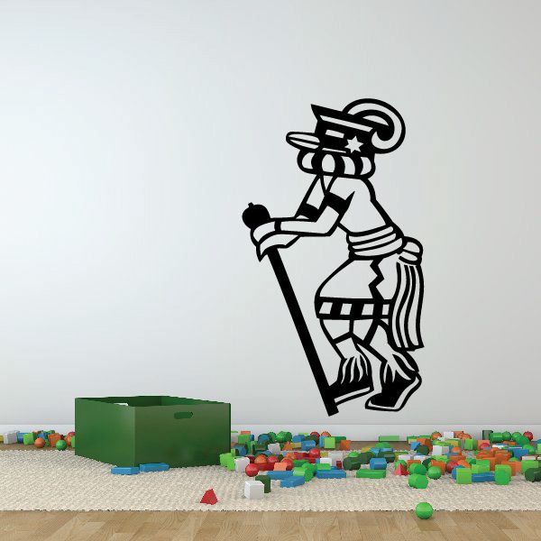 Rain dance decal of a standing dancer holding a staff, black line art with hat and boots