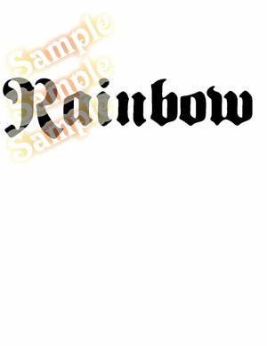 Rainbow word decal, bold black arched lettering.