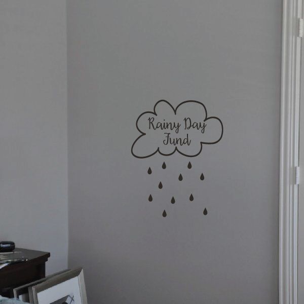Cloud-shaped 'Rainy Day Fund' decal with raindrops