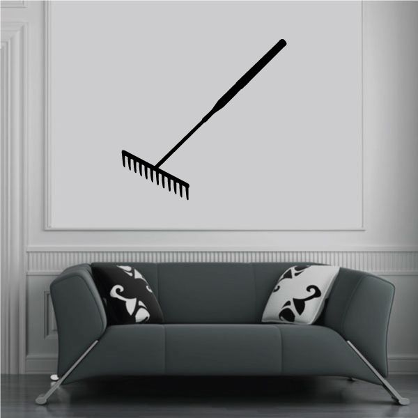 Rake wall decal with black outline illustration of a garden rake