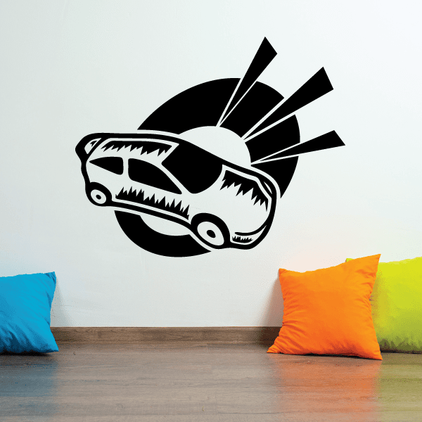 Rally car alert decal, black-and-white racing car with winged burst graphic