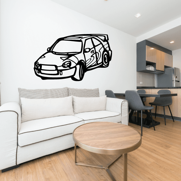 Cartoon rally car wall decal in black line art