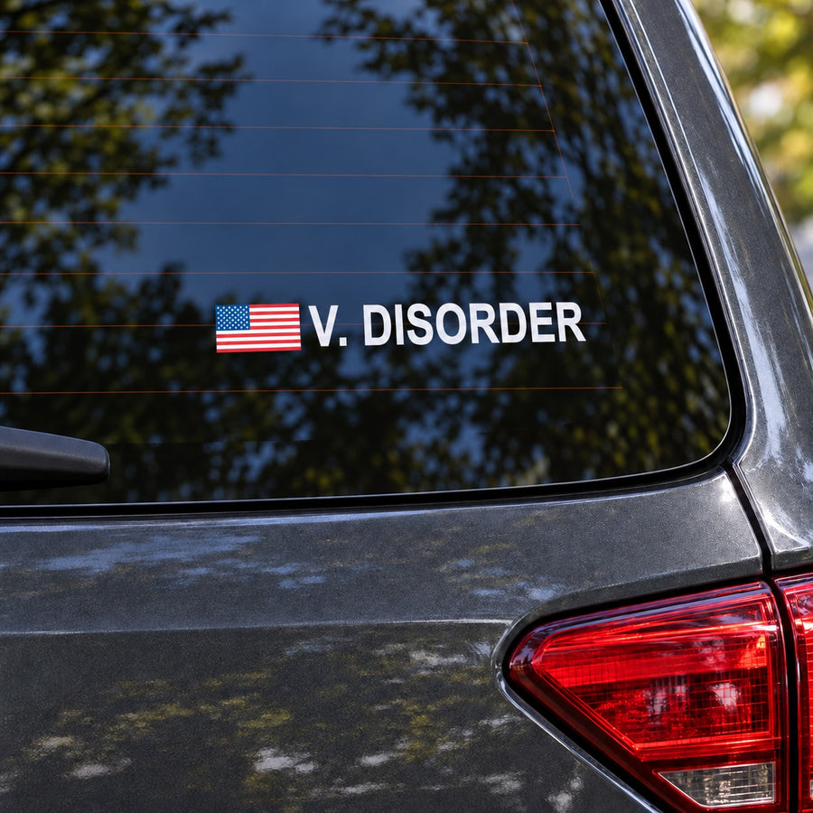 Custom rally name decals on car rear window: 'V. DISORDER' and U.S. flag