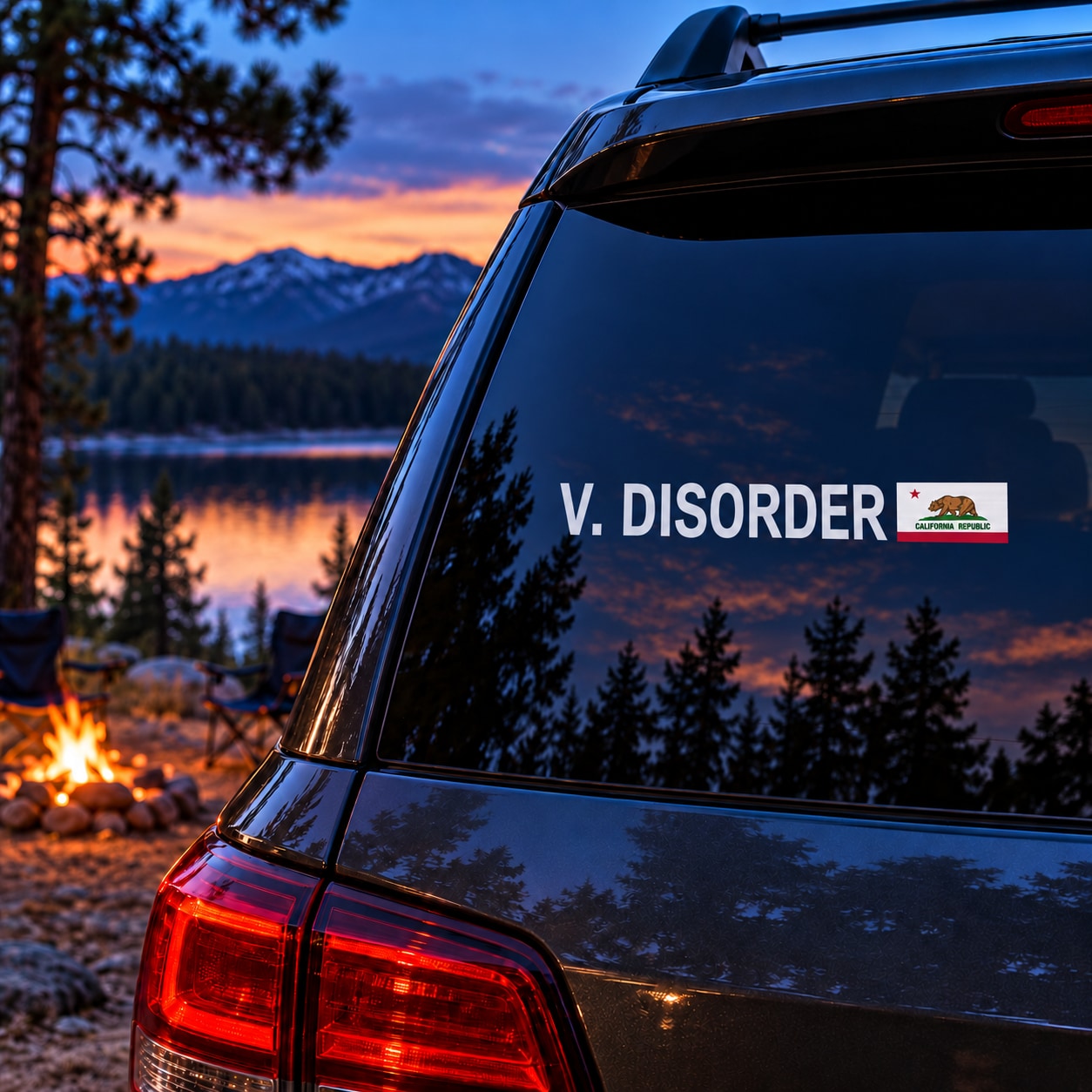 Car rear window decal with custom rally name and small state flag