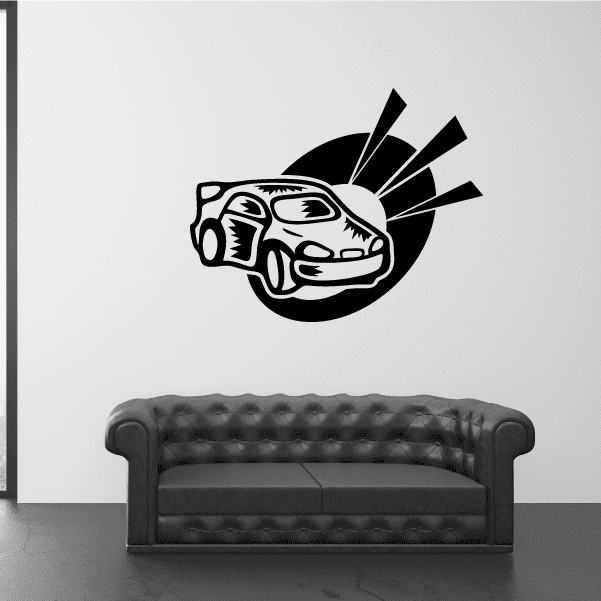 Rally racer alert decal: black-and-white cartoon racing car with alert light rays.