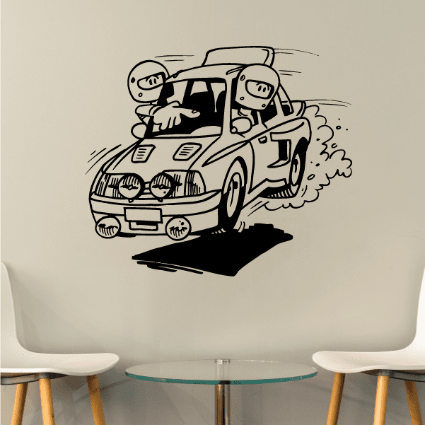 Rally racer cartoon decal of a black line-art rally car with helmeted drivers