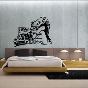 Rally racing finish line wall decal with rally car and checkered flag banner