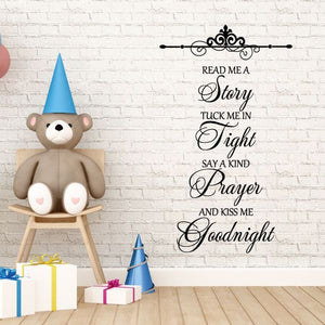 Wall decal with scroll-style quotes: “Read Me a Story… Goodnight”