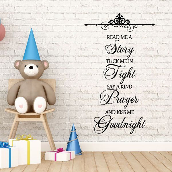 Wall decal with scroll-style quotes: “Read Me a Story… Goodnight”