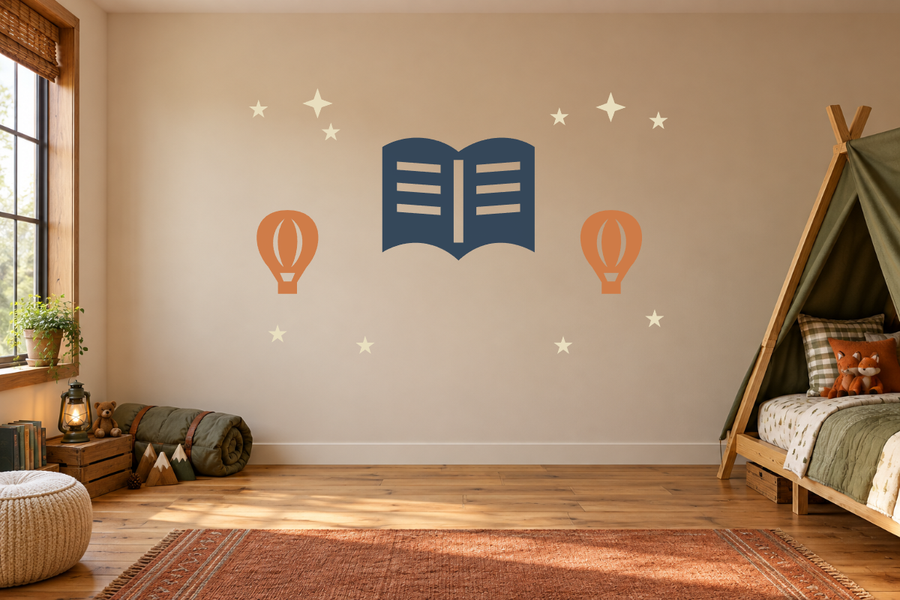 Reading corner wall decal kit with open book, stars, and light bulb icons