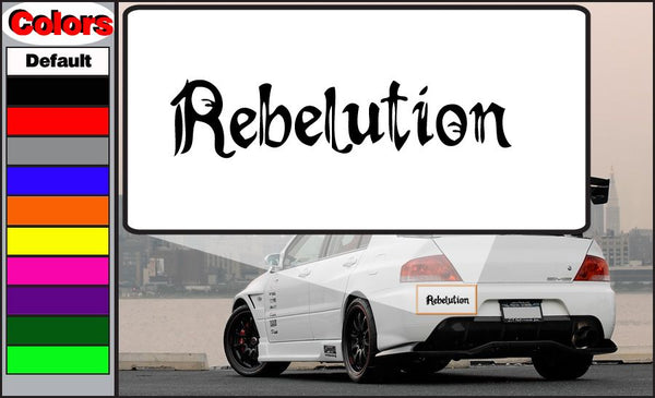 Rebelution decal with stylized black lettering on white background