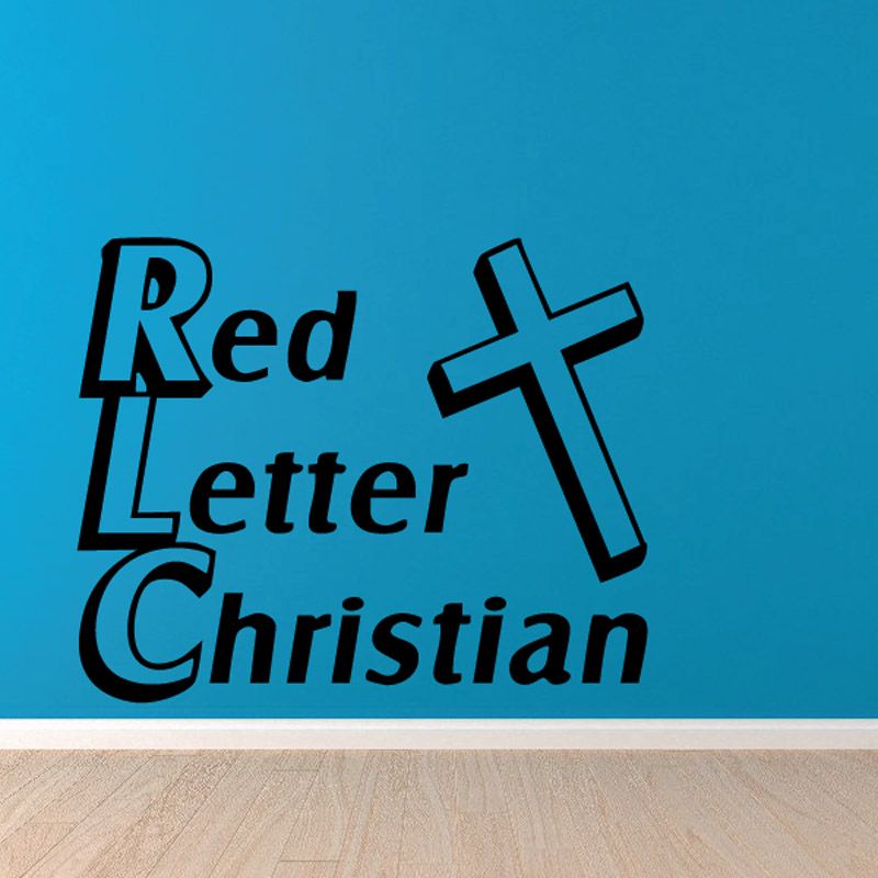 Black Christian decal with text 'Red Letter Christian' and a cross symbol.