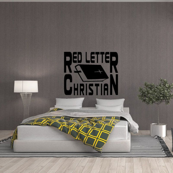 Red letter Christian cross wall decal with stylized cross and lettering