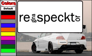 Vinyl decal with stylized “regina speckto” lettering