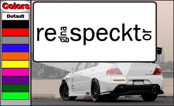 Vinyl decal with stylized “regina speckto” lettering