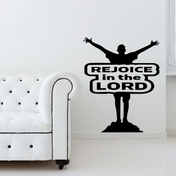 Rejoice in the Lord wall decal with raised-arms figure silhouette and bold lettering