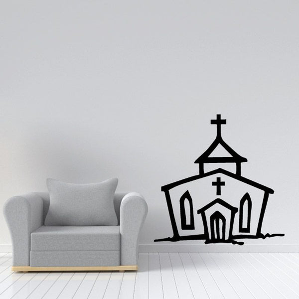 Church decal with black cross and simple building silhouette.
