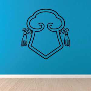 Religious crest decal with black line-art cloud top, scrolls, and shield outline