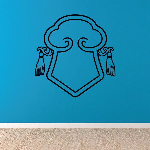 Religious crest decal with black line-art cloud top, scrolls, and shield outline