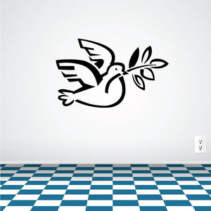 Black religious dove wall decal with ornamental leaves and flowing wings