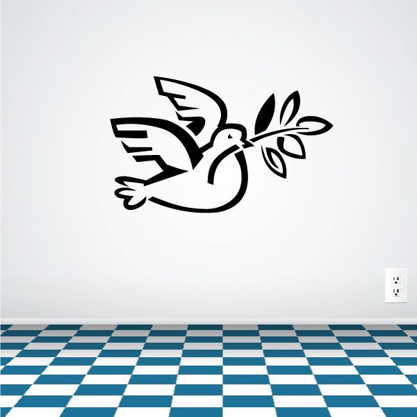 Black religious dove wall decal with ornamental leaves and flowing wings