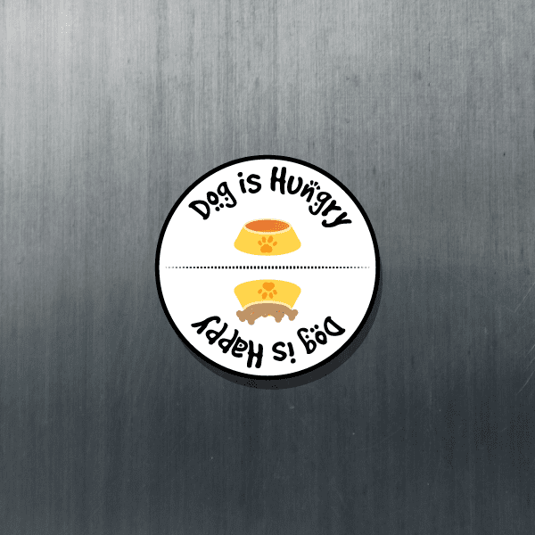 Round dog message circle magnet with black border, orange bowls and paws graphic