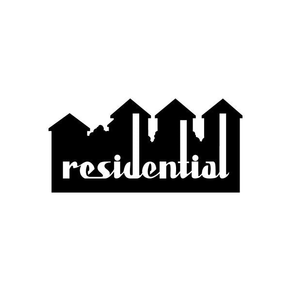 Vinyl decal sticker with black house silhouette and white residential lettering