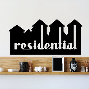 Residential vinyl wall decal with black house silhouettes and white 'residential' lettering