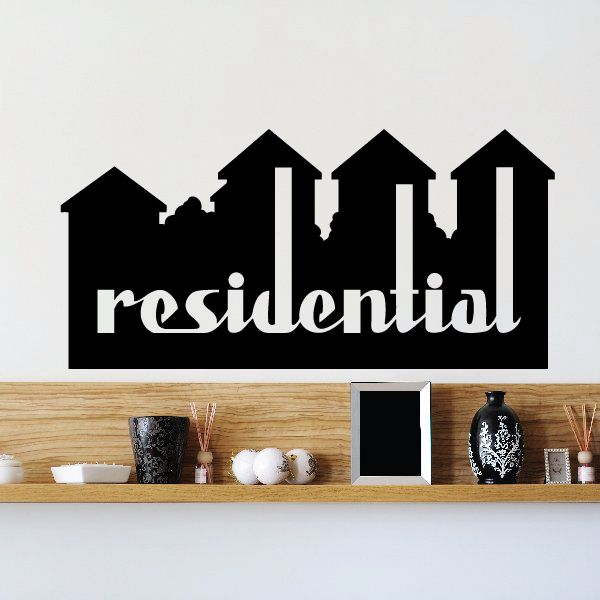 Residential vinyl wall decal with black house silhouettes and white 'residential' lettering