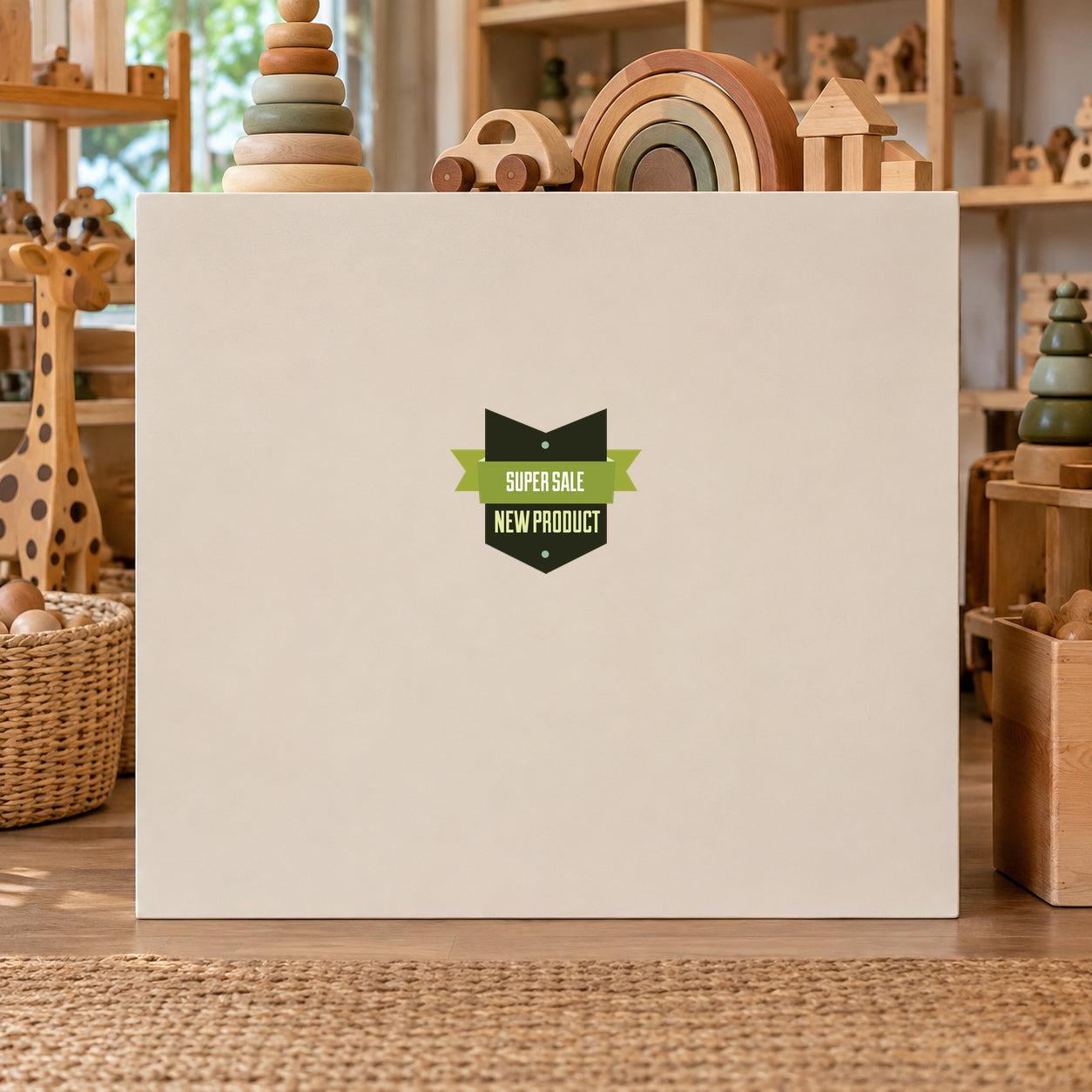 Green "Super Sale New Product" sign sticker on white square backing