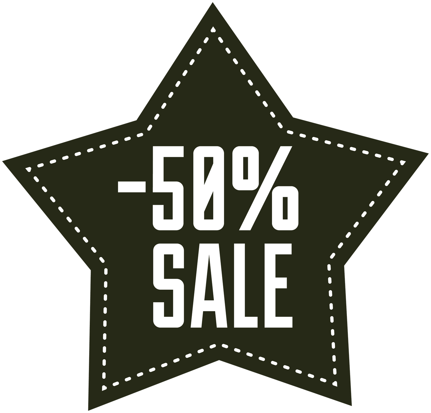 Star-shaped -50% SALE discount sticker with dashed border