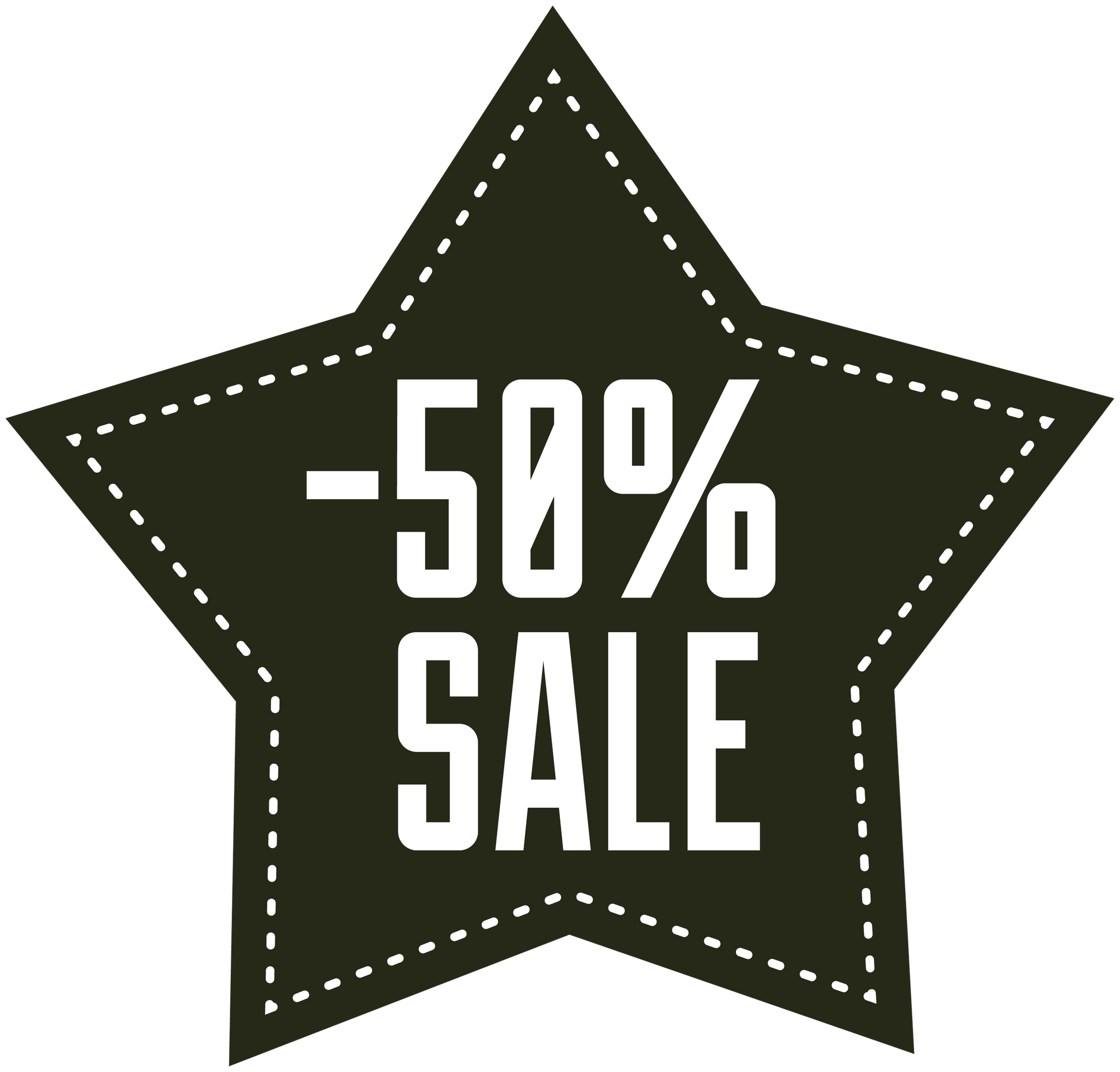 Star-shaped -50% SALE discount sticker with dashed border