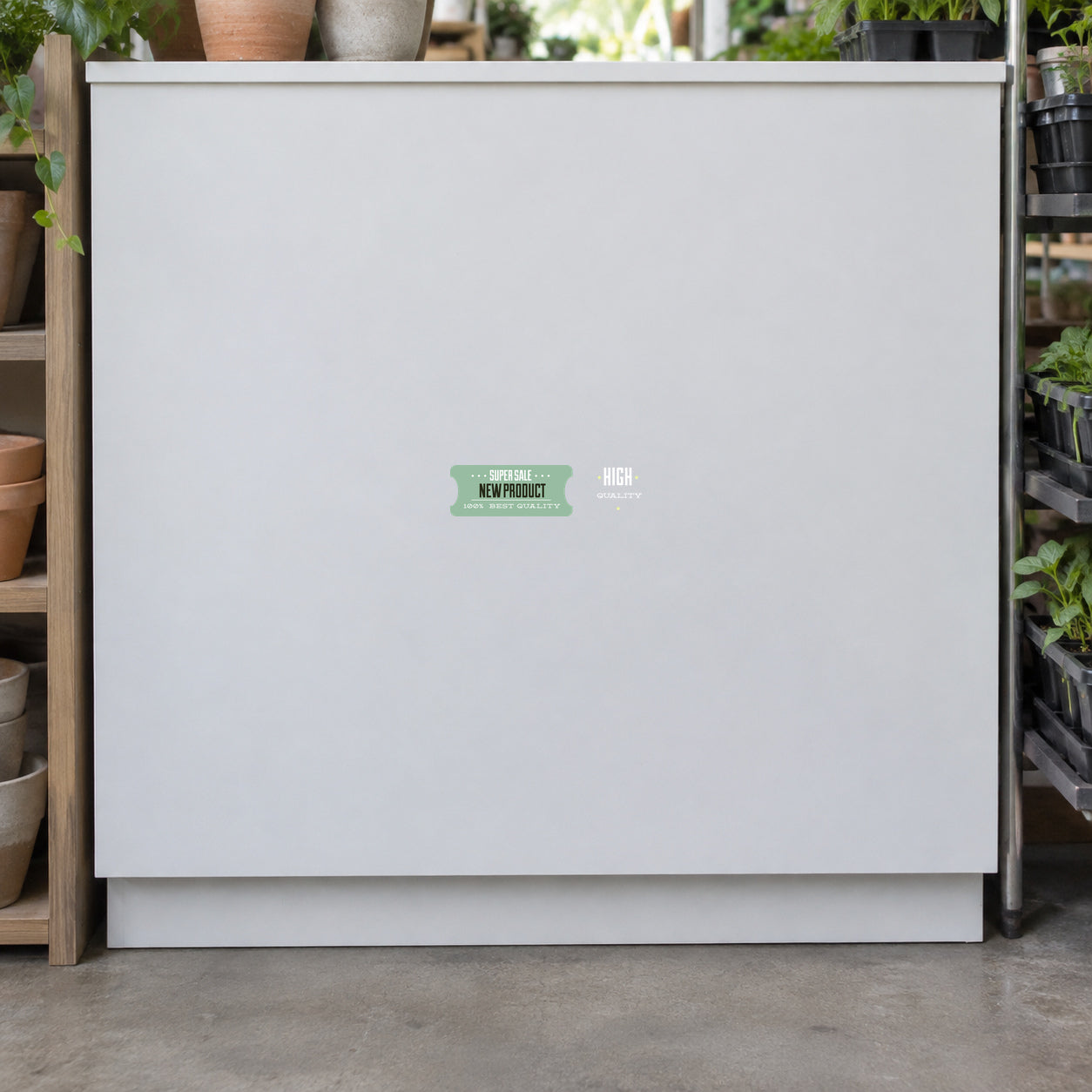 Super Sale New Product 100% Best Quality Retail Discount Sign Sticker applied in A blank smooth matte white display cabinet front at a garden seed store, plant pots and seed trays only extreme sides.