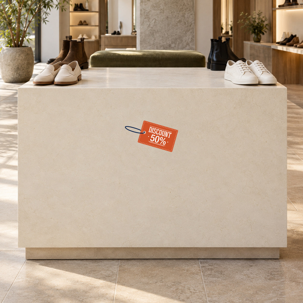 Orange "DISCOUNT 50%" sticker on a shipping box lid