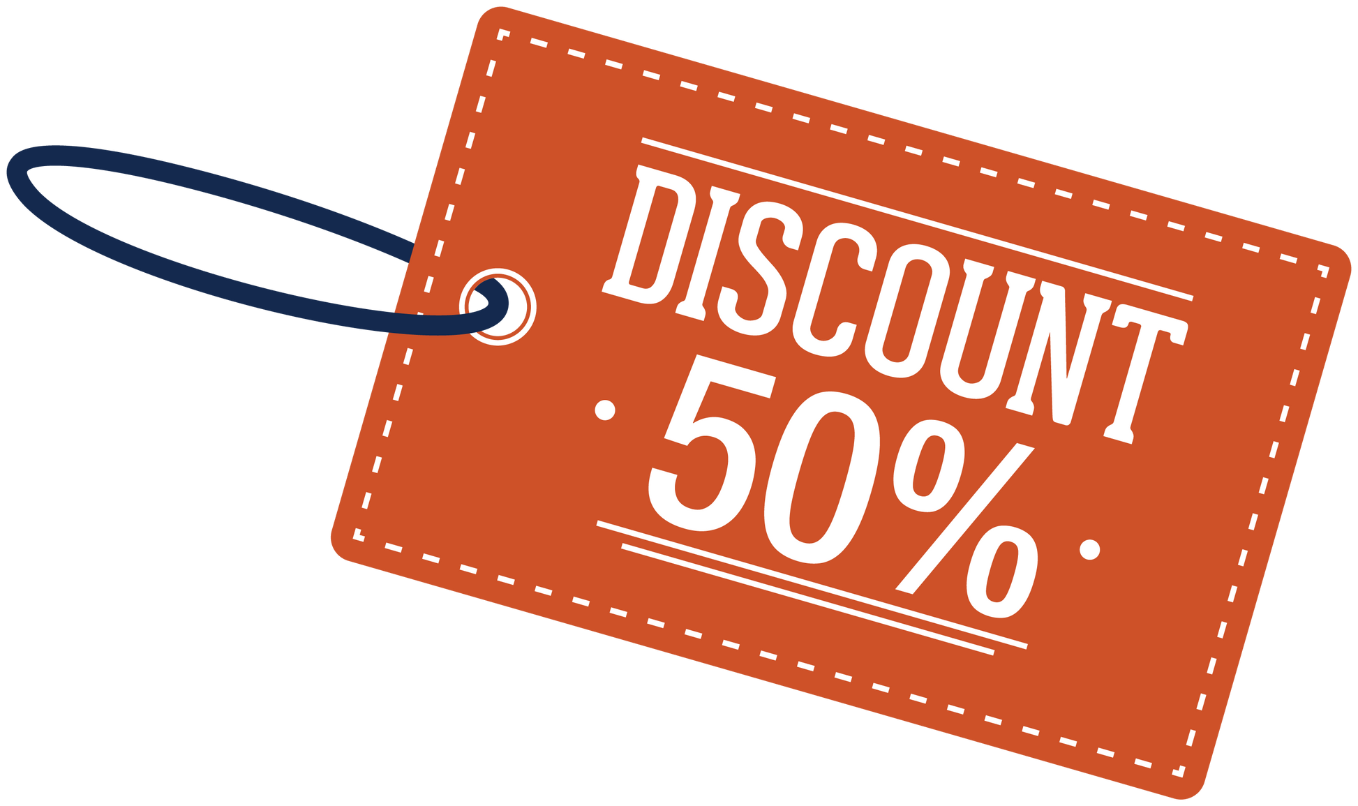 Orange discount sticker sign with white text "DISCOUNT 50%"